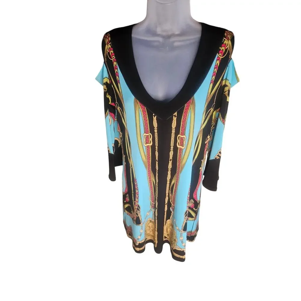 Eva Varro Multi Color Dress Tunic Sz M "Versace Style" Cut Out Shoulders Vneck - Picture 7 of 8